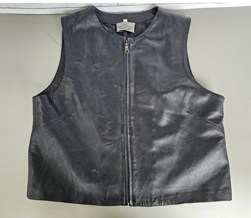 Vintage 100% Leather Moto Vest Women's Zip Front Black Biker Stonebridge Sz 8